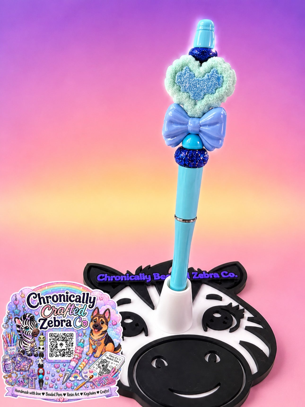 Blue Flocked Heart & Bow Beaded Pen
