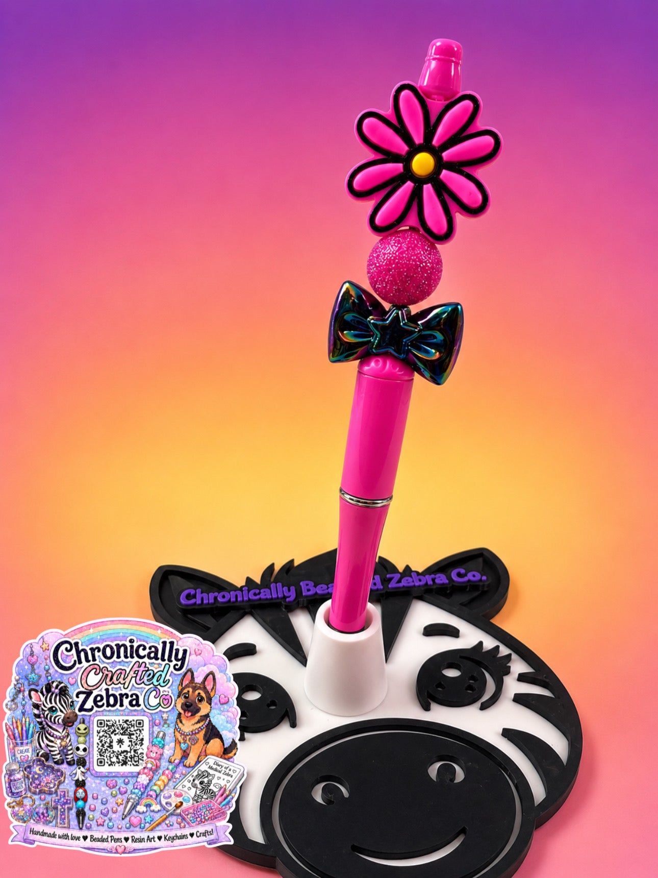 Hot Pink Flower & Black Bow Beaded Pen